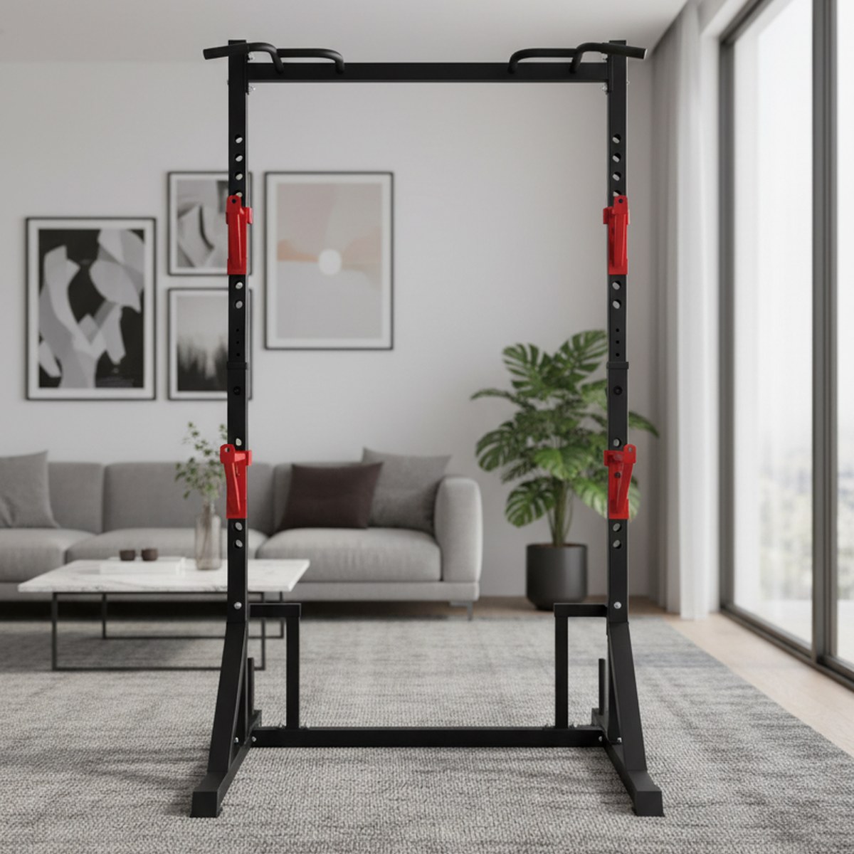 رف قوة قابل للتعديل مع قضيب سح - مراجعة Squat Rack Power وسعره